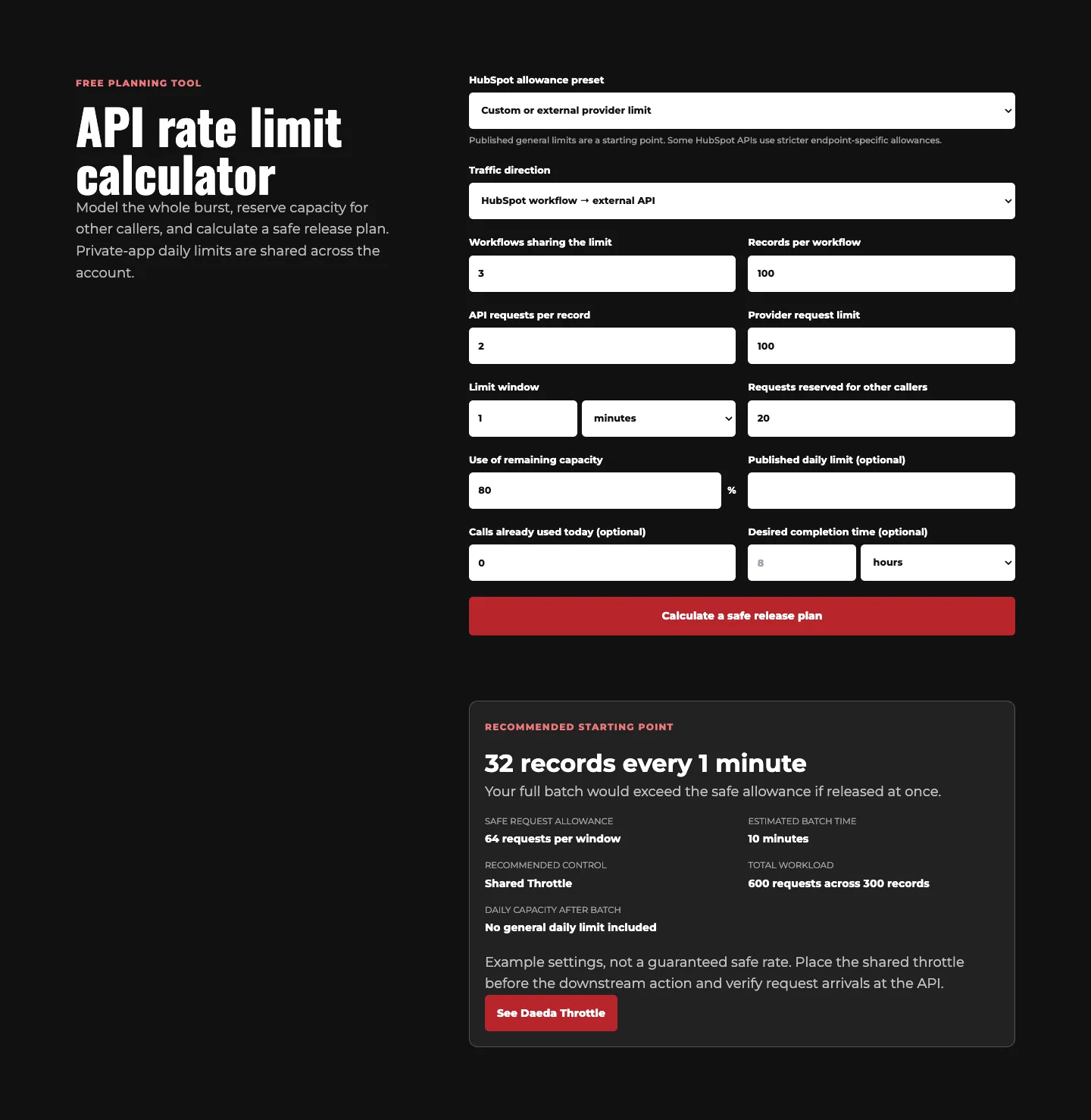 Calculator example with three workflows, 100 records each, two requests per record, 100 requests per minute, 20 reserved and 80 percent utilization; result: 32 records per minute and 64 requests per window.