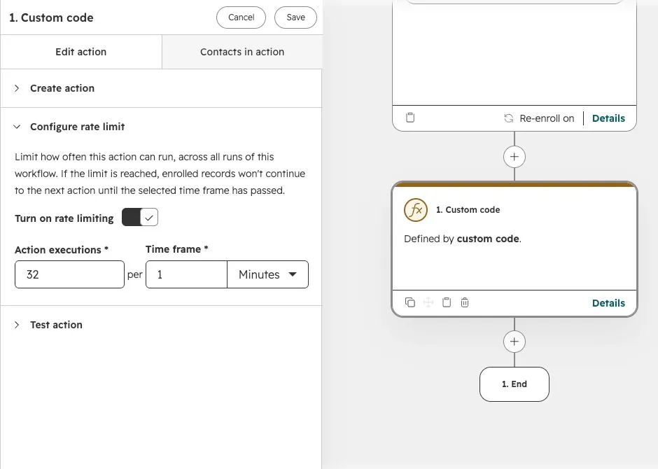 HubSpot custom-code action with native rate limiting enabled: 32 action executions per 1 minute.