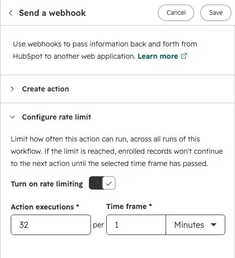 HubSpot Send a webhook panel showing its native limiter enabled for 32 executions per minute.