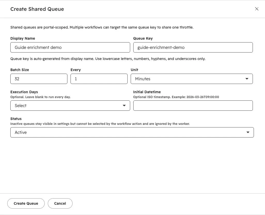 Daeda Shared Throttle creation panel with Guide enrichment demo, batch size 32, every 1 minute and active status.