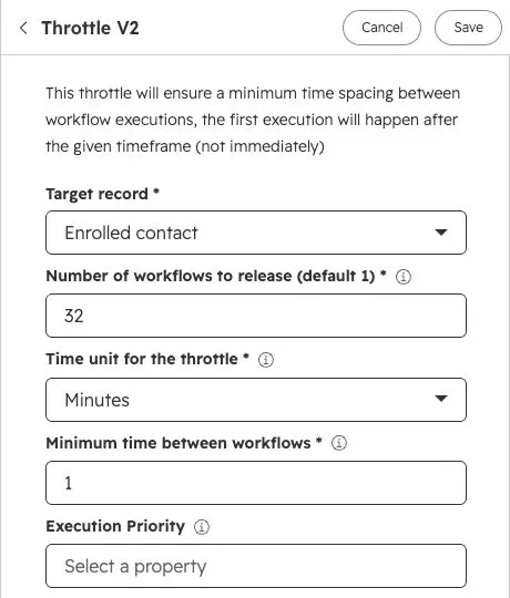 Throttle V2 action with release count 32, time unit Minutes and minimum time between workflows 1.