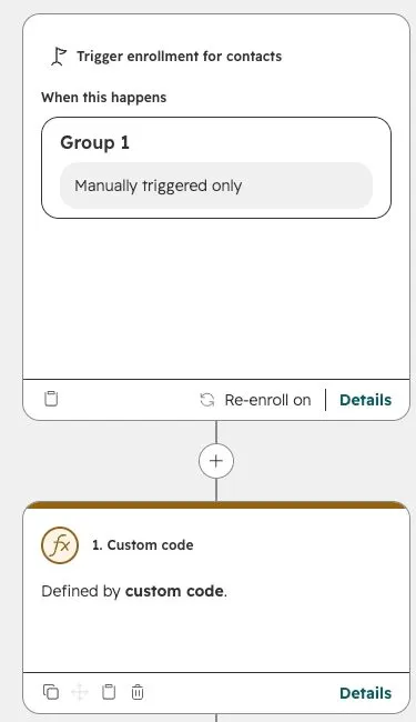 Synthetic HubSpot workflow with manual enrollment followed by one custom-code action.