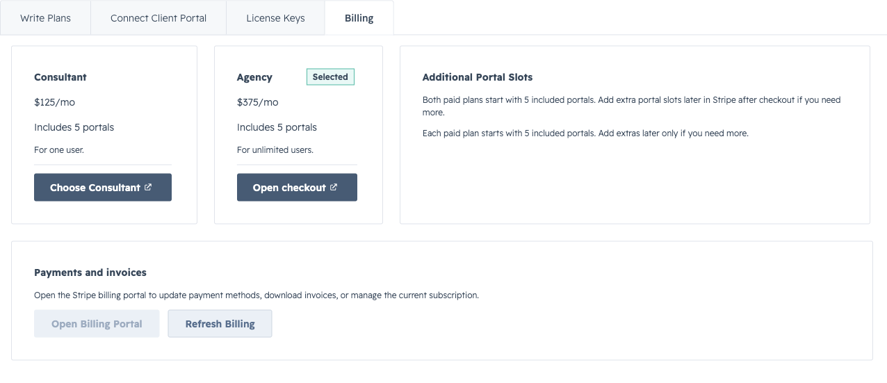 Daeda AI Billing tab with plan cards and billing controls