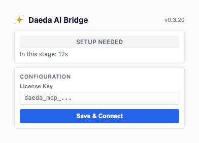 Daeda Bridge setup popup with the license key field and Save and Connect button