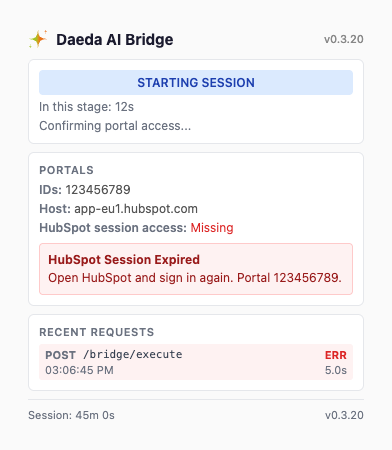 Daeda Bridge extension popup showing an expired HubSpot session warning
