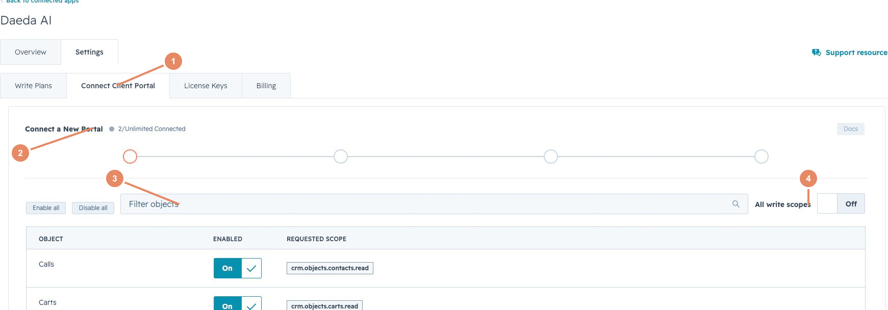 Connect Client Portal screen for choosing HubSpot data categories