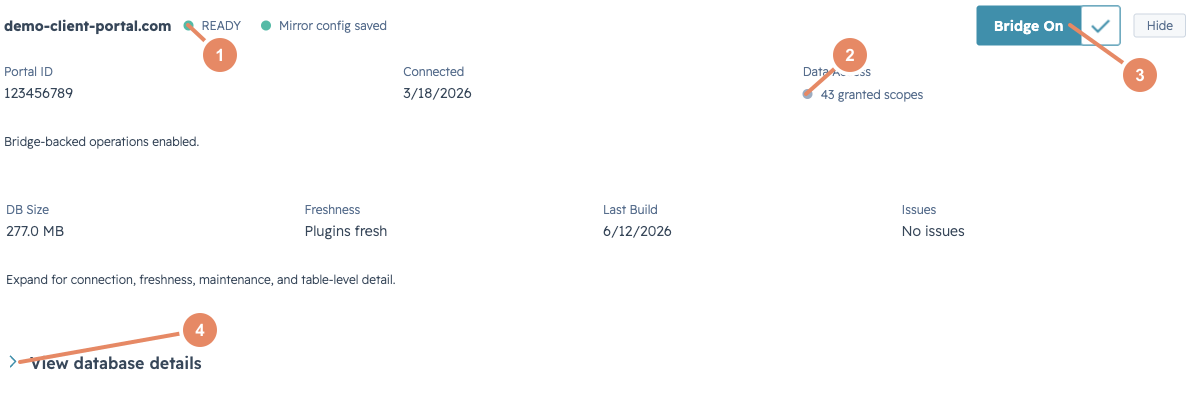 Connected portal card showing mirror status, database status, and bridge toggle