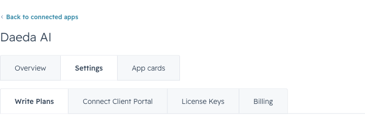Daeda AI installed app settings navigation in HubSpot