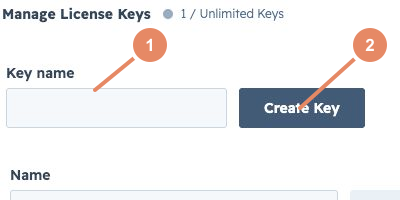 Daeda AI License Keys screen with a key name field and Create Key button