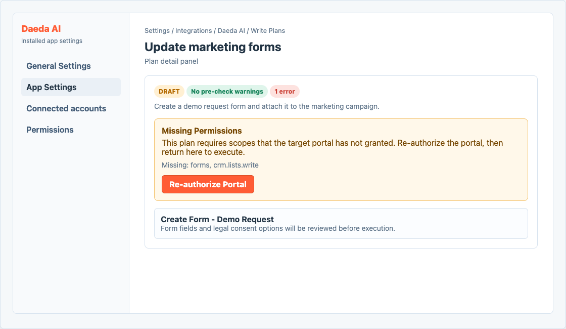 Missing permissions warning with re-authorize action