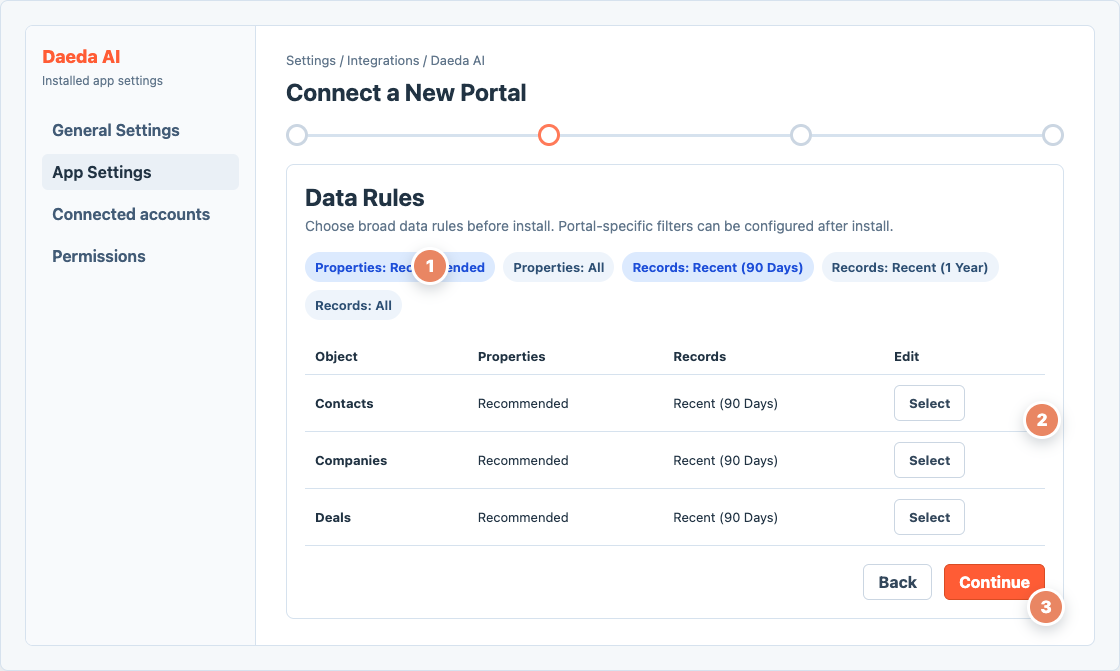 Data Rules screen with recommended property and record presets