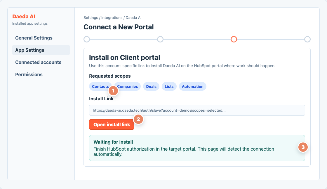 Install on Client portal screen with requested scopes and generated install link