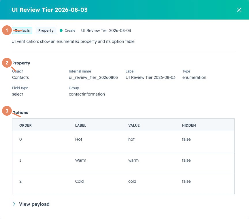 Write Plan operation detail showing a proposed HubSpot property and its options
