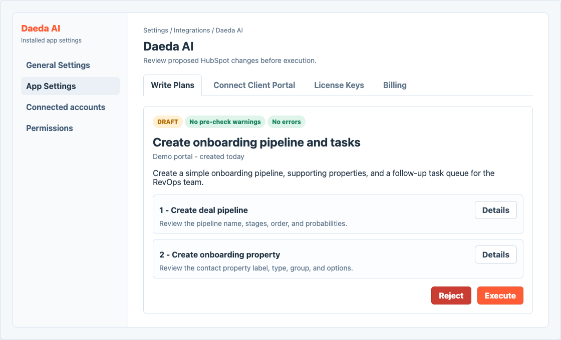 Write plan review screen with draft status, operation list, and execution controls