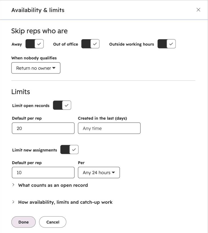 Availability and limits panel with the Away, Out of office and Outside working hours toggles on, When nobody qualifies set to Return no owner, a default of 20 open records per rep and 10 new assignments per 24 hours.