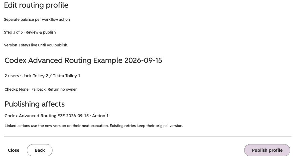 Review and publish step listing the profile configuration and affected workflow.