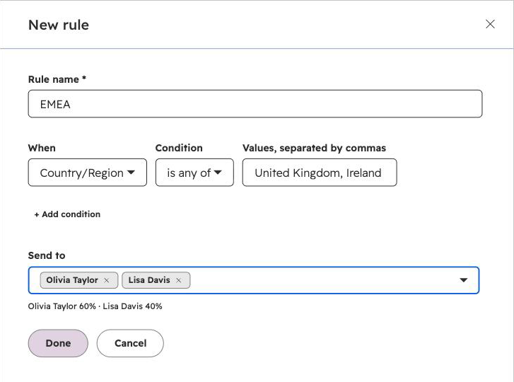 New rule panel for an EMEA rule where Country/Region is any of United Kingdom, Ireland, sent to Olivia Taylor and Lisa Davis with shares of 60% and 40%.