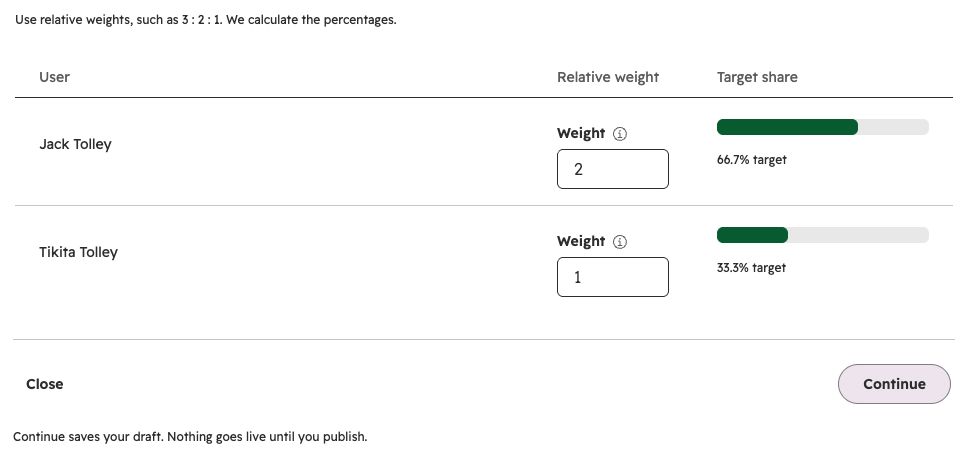 Current profile editor showing two users with weights of 2 and 1 and target shares of 66.7% and 33.3%.