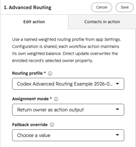 Advanced Routing workflow action configured to return an owner from a published profile, with an optional fallback override.