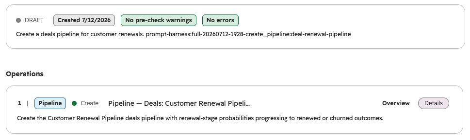 A saved Daeda AI Write Plan in DRAFT status, showing a proposed pipeline-creation operation and its Details control