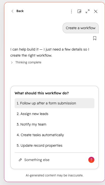 HubSpot's native AI workflow assistant asking what the workflow should do, with options for form follow-up, lead assignment, notifications, tasks and property updates