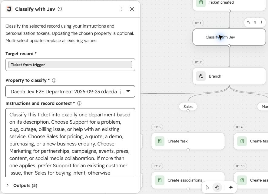 Jev action in HubSpot showing a selected ticket property and plain-English classification instructions